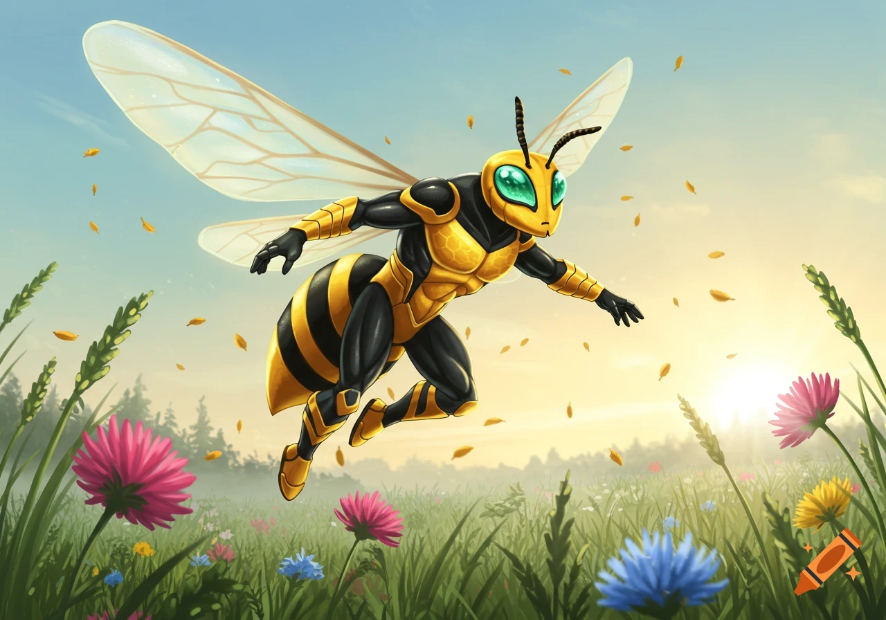 A cartoon bee superhero in black and yellow armor with glowing green eyes flies above a vibrant field of colorful flowers at sunrise.