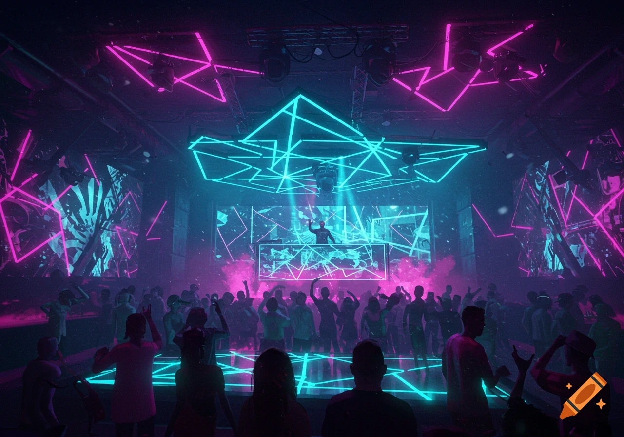 A DJ performs on stage at a neon-lit nightclub with a crowd dancing below, bathed in pink and blue light.