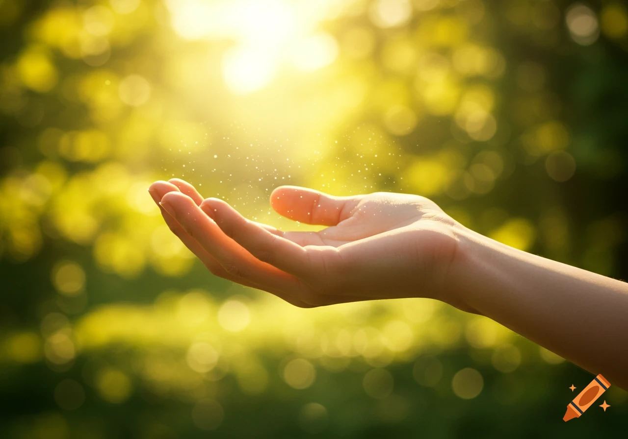 Close-up of cupped hands holding sparkling light in a bright, sunny, green outdoor setting.