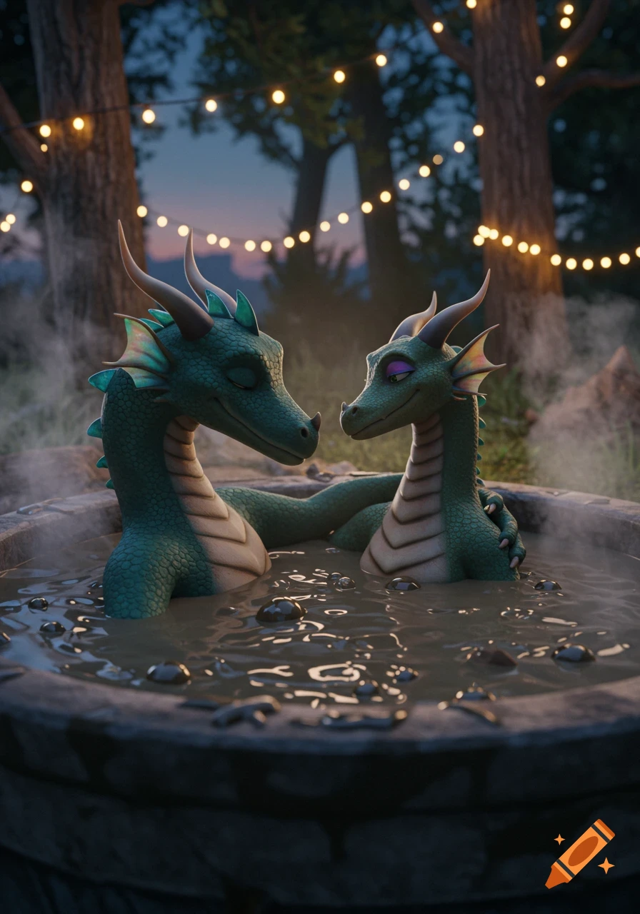 Two cute green dragons relax in a steaming mud hot tub in a forest at dusk, illuminated by string lights, 3D animation.