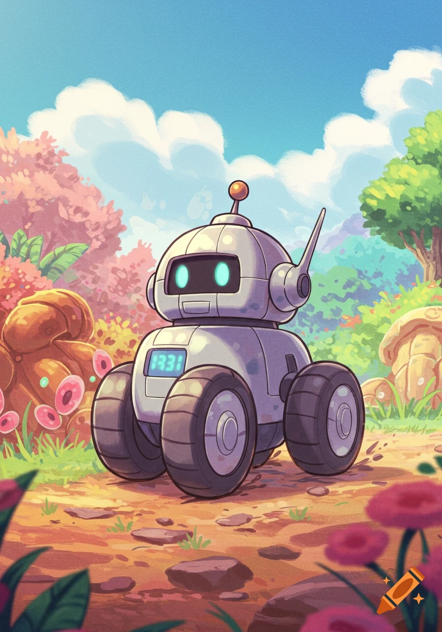 A cute, rounded white robot with wheels and glowing blue eyes stands on a dirt path in a colorful, whimsical cartoon landscape with pink trees and blue sky.