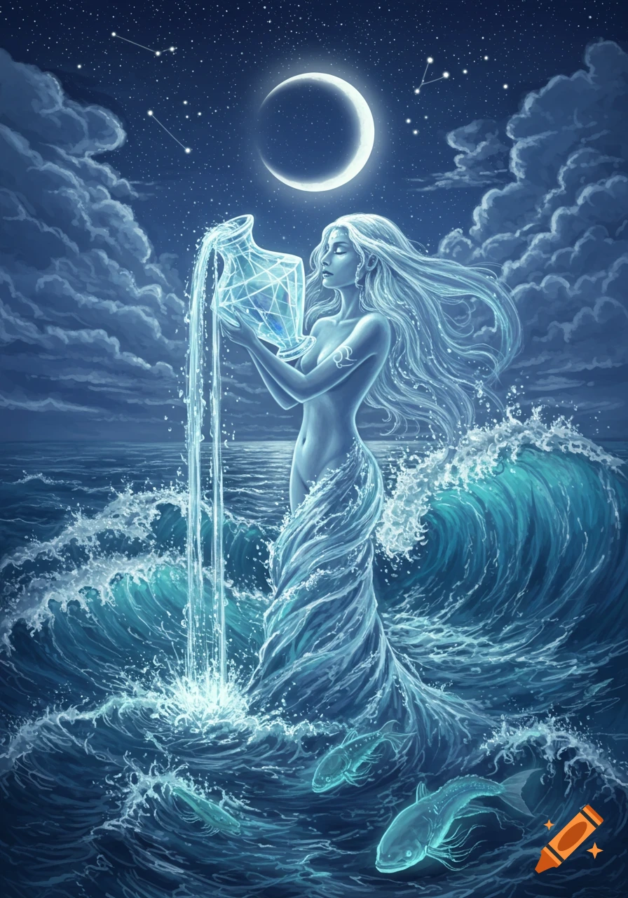Ethereal woman in a flowing water dress pours water from a glowing crystal vase into a stormy ocean under a crescent moon and stars, fantasy digital art.