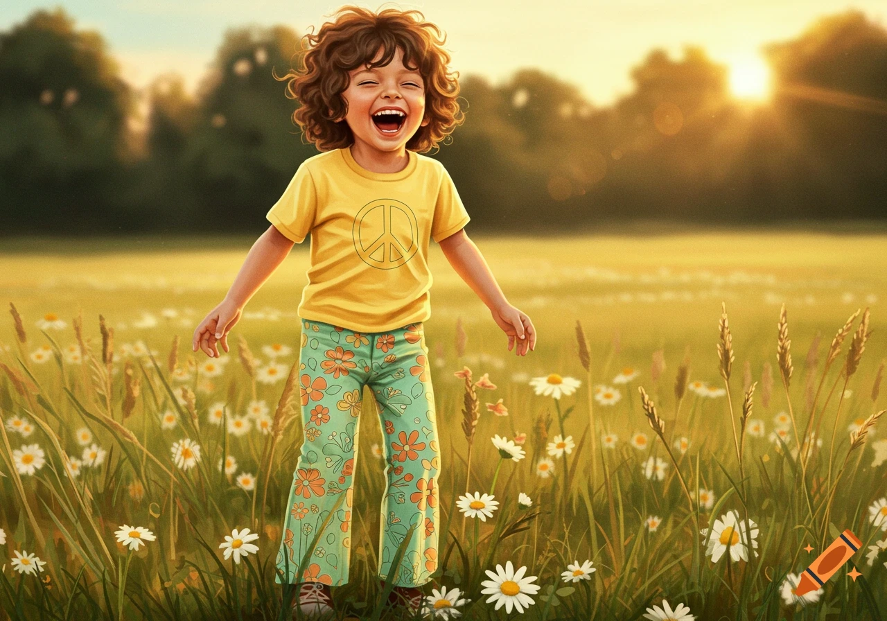 A smiling child with curly hair wearing a yellow peace sign t-shirt and floral pants stands in a sunny field of daisies.