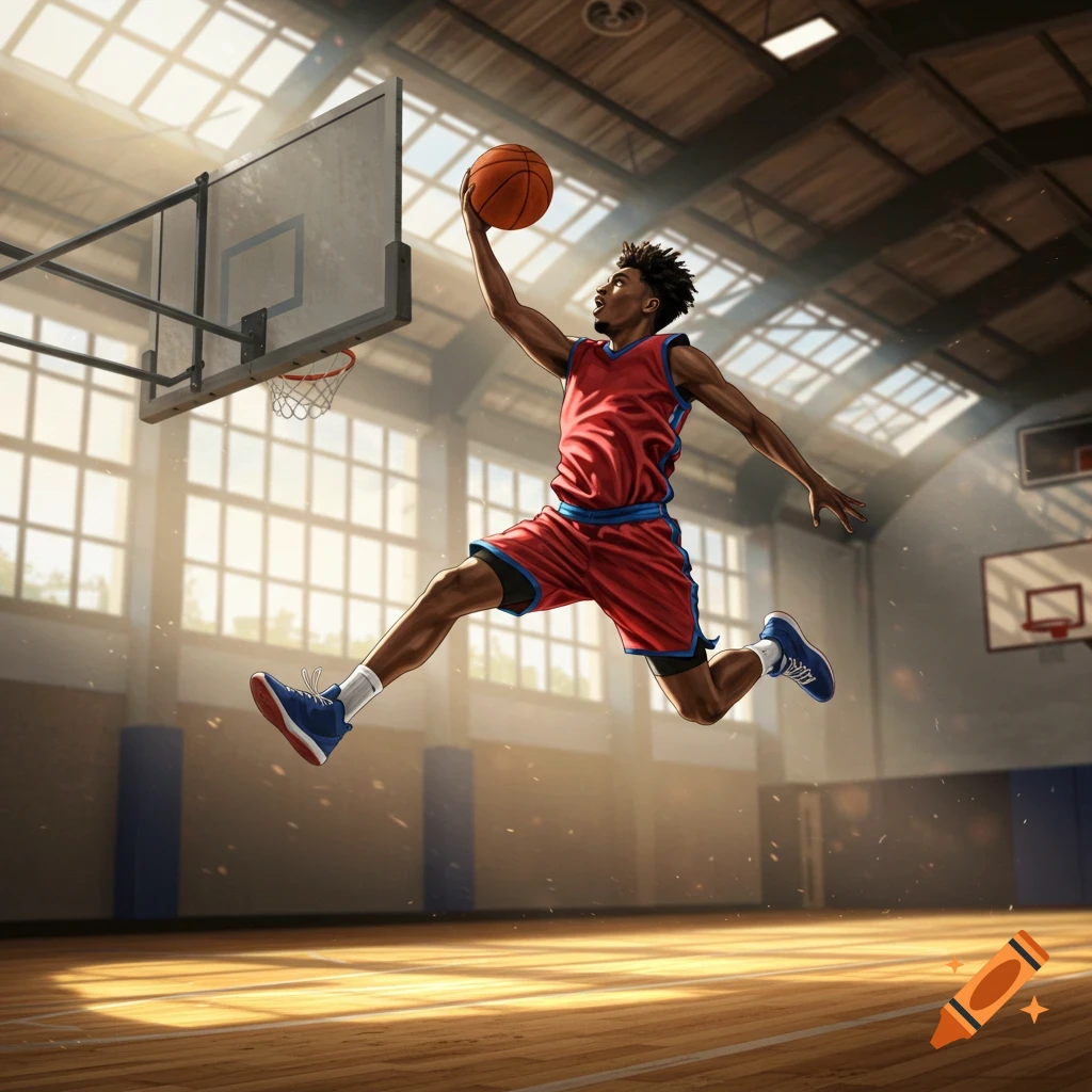 A stylized illustration of a male basketball player mid-air, about to dunk a basketball in a sunlit gymnasium.