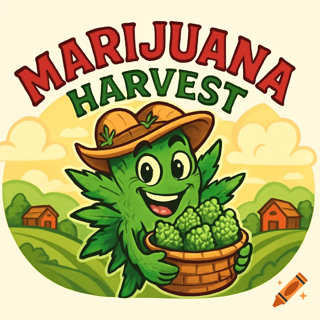 Cartoon logo with a smiling marijuana leaf character in a straw hat holding cannabis buds, with 'MARIJUANA HARVEST' text.