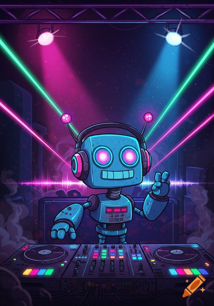 A blue cartoon robot with headphones DJs at a party with neon pink and green laser lights and spotlights, surrounded by club lights and music equipment.