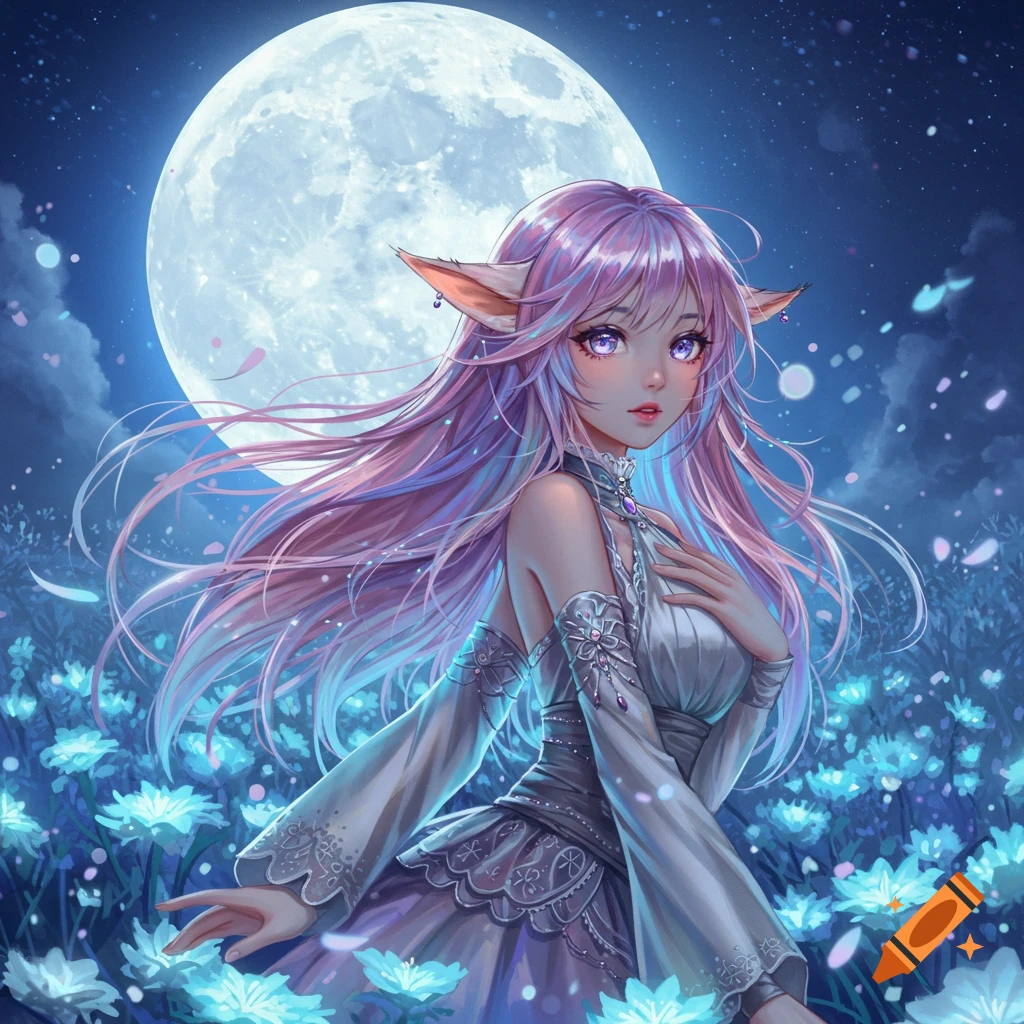 An anime girl with long, flowing pink and purple hair and animal ears stands in a field of glowing blue flowers under a large full moon, wearing an elegant white and silver dress.