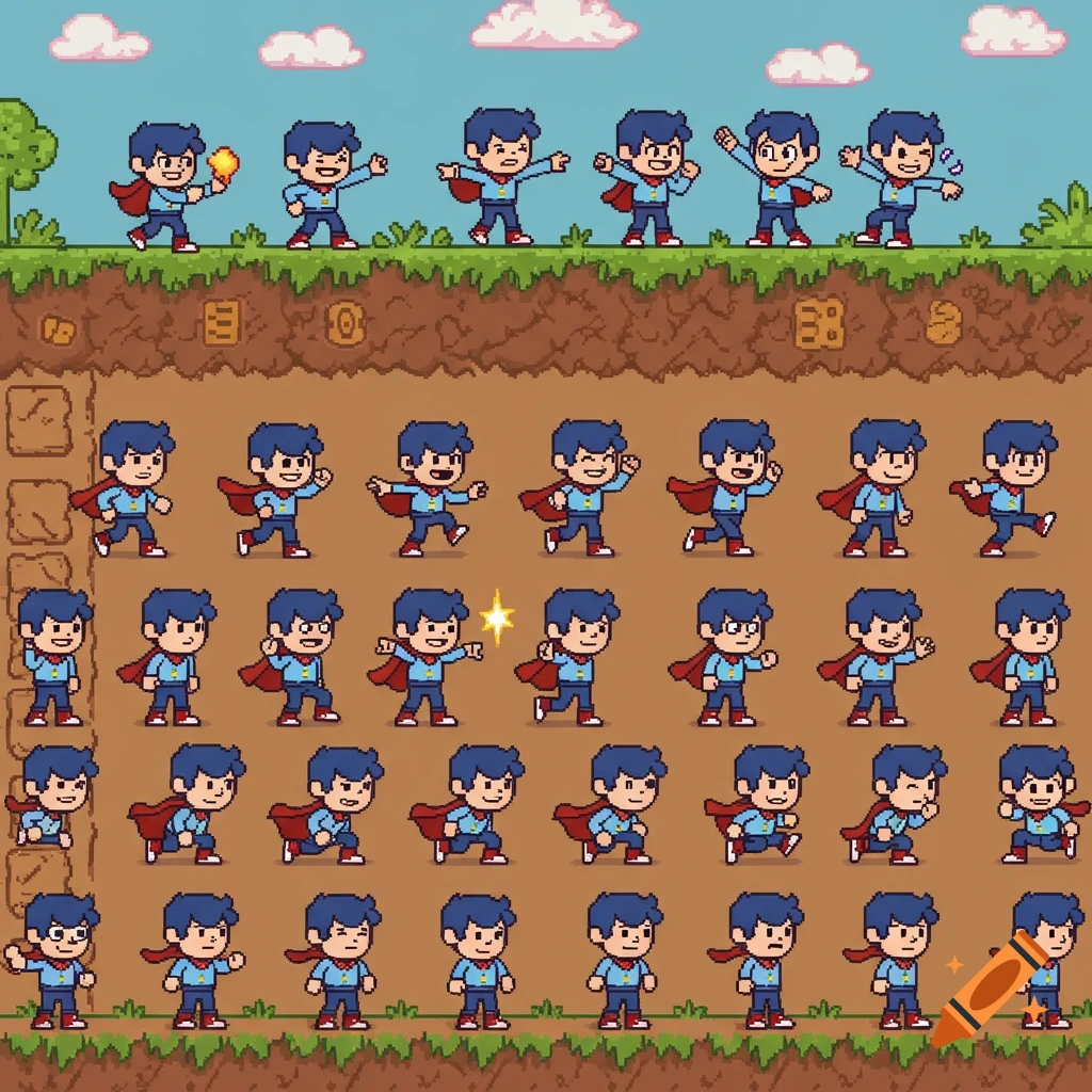 Pixel art sprite sheet of a cartoon boy in a red cape showing different poses on grass and underground levels.