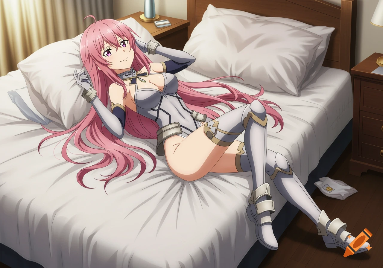 An anime woman with long pink hair and purple eyes, wearing a white and grey bodysuit and armor, lies on her back on a bed in a cozy bedroom.