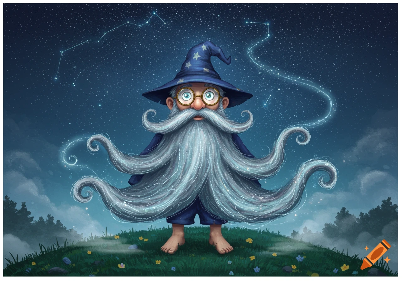 A whimsical wizard with a glowing beard cloak, big glasses, and bare feet stands on a grassy hill under a starry night sky. Illustration.
