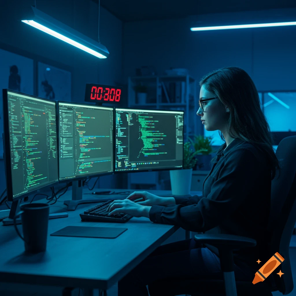 A woman with glasses types on a keyboard in a dark, blue-lit room, looking at three computer monitors displaying code.