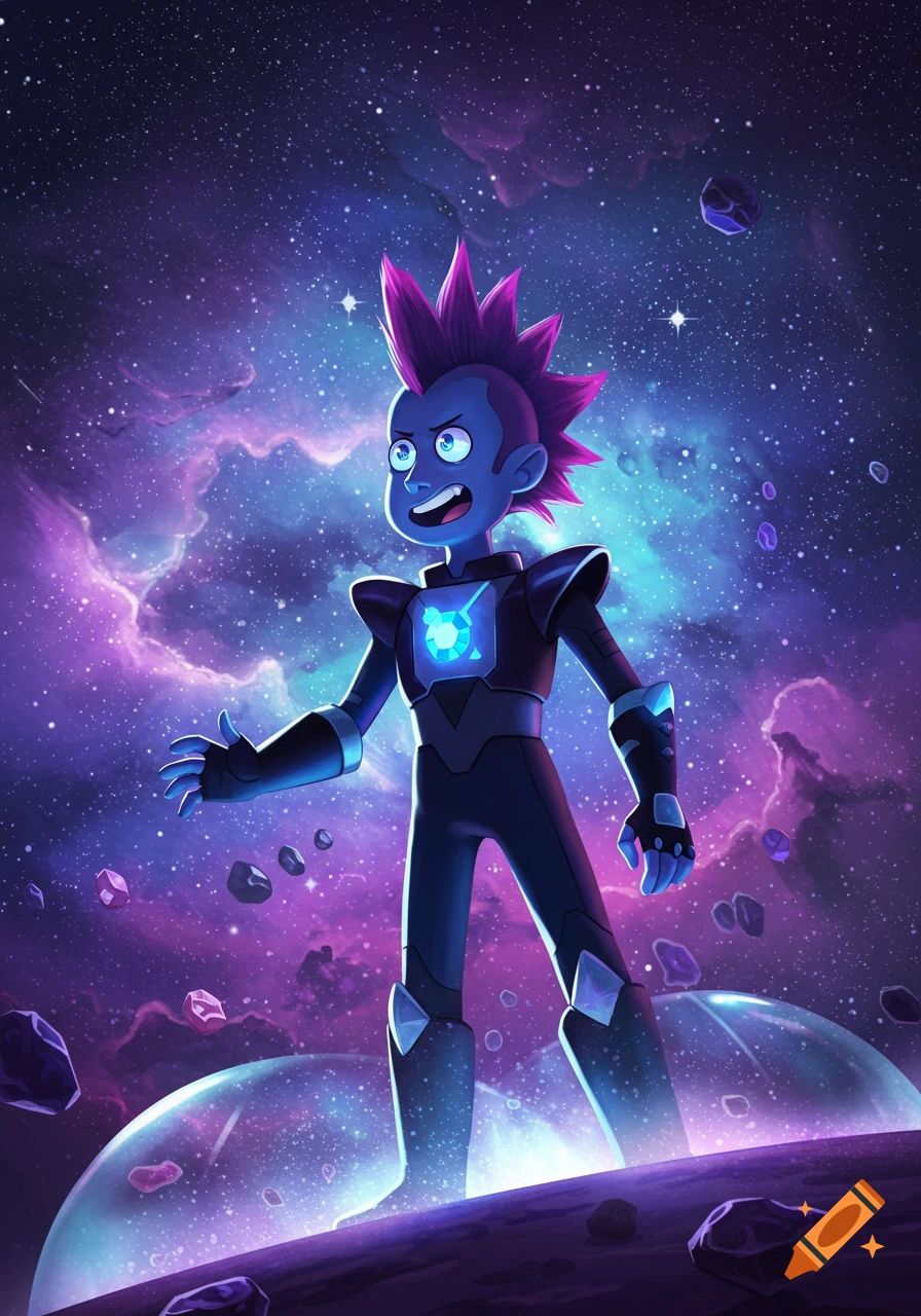 A blue-skinned cartoon character with spiky purple hair in a dark spacesuit with a glowing chest emblem stands in a vibrant purple and blue nebula-filled galaxy.