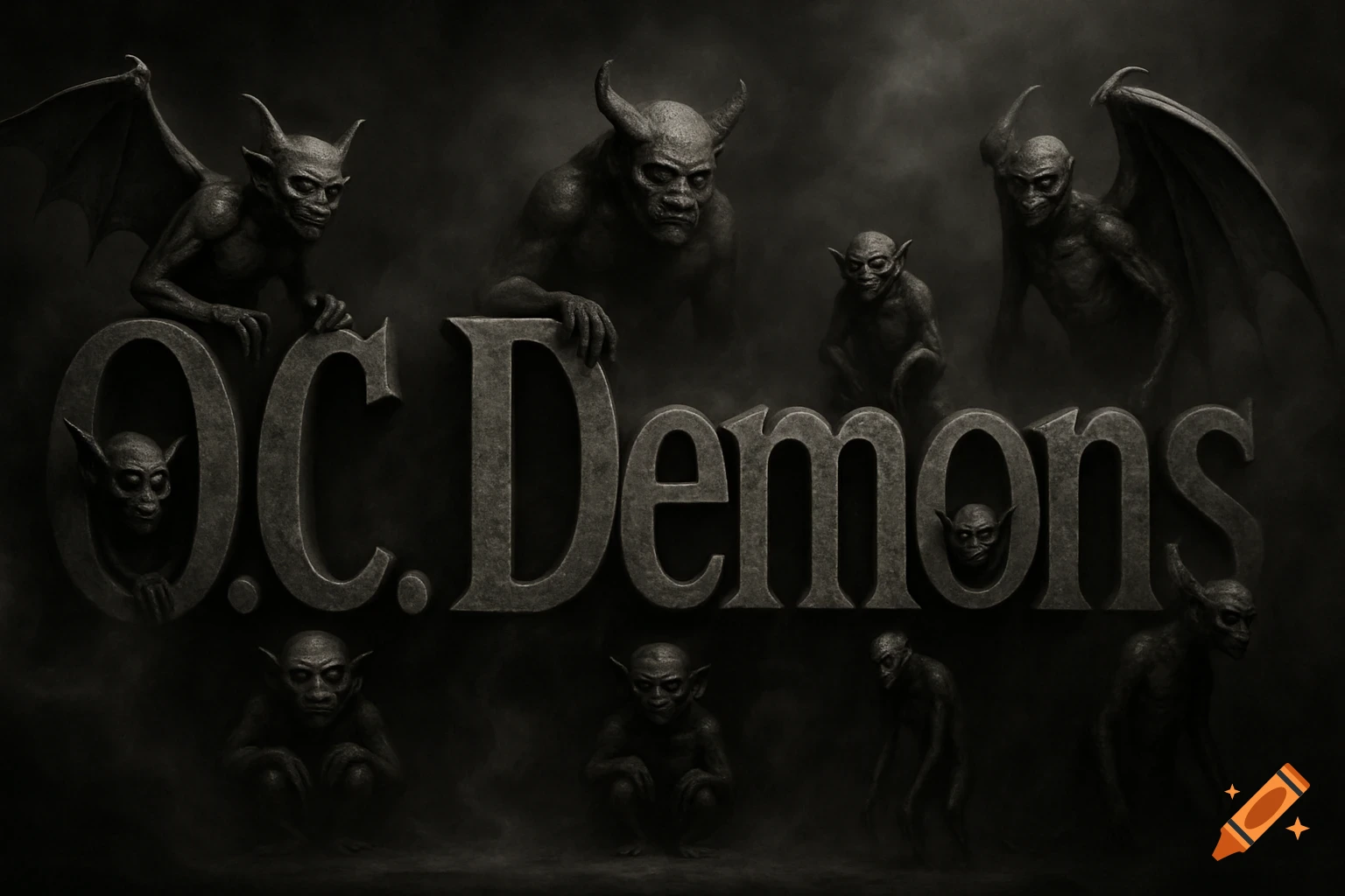 Monochrome image of stone-like letters spelling 'O.C.Demons' with grotesque winged and horned creatures sitting on and inside them, amidst fog.