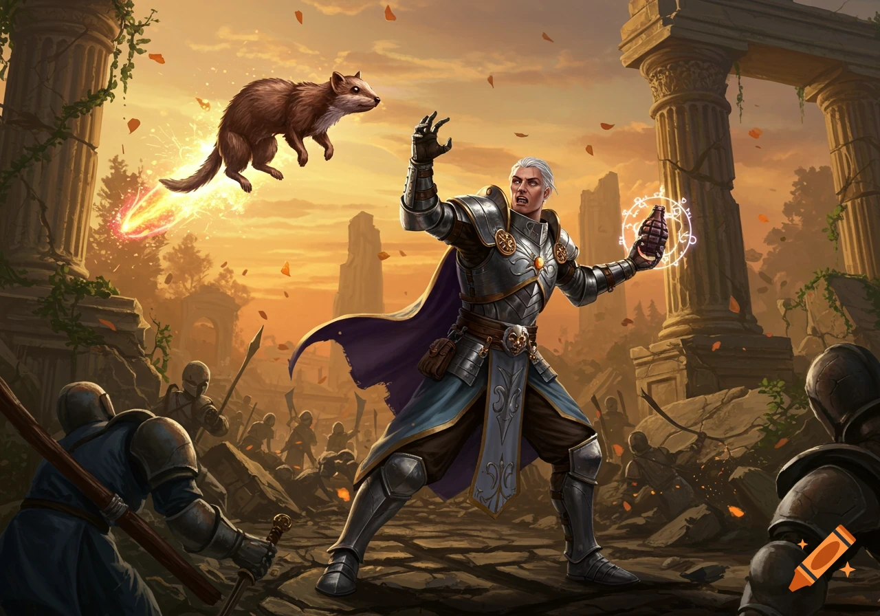 Armored cleric throwing a magical weasel with a fiery trail during a sunset battle among ancient ruins.