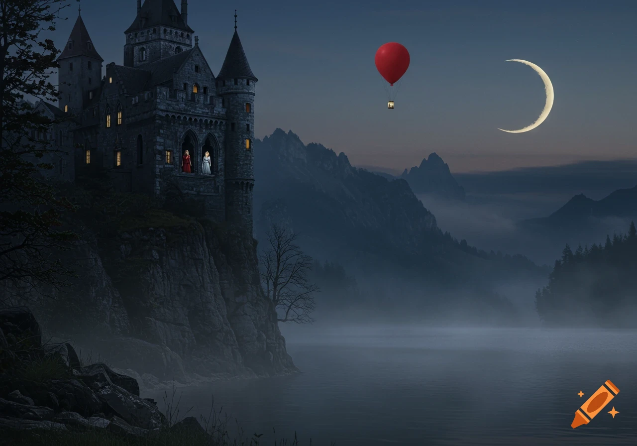 Fantasy castle on a cliff above a foggy lake at dusk, with two women, a red hot air balloon, and a crescent moon.