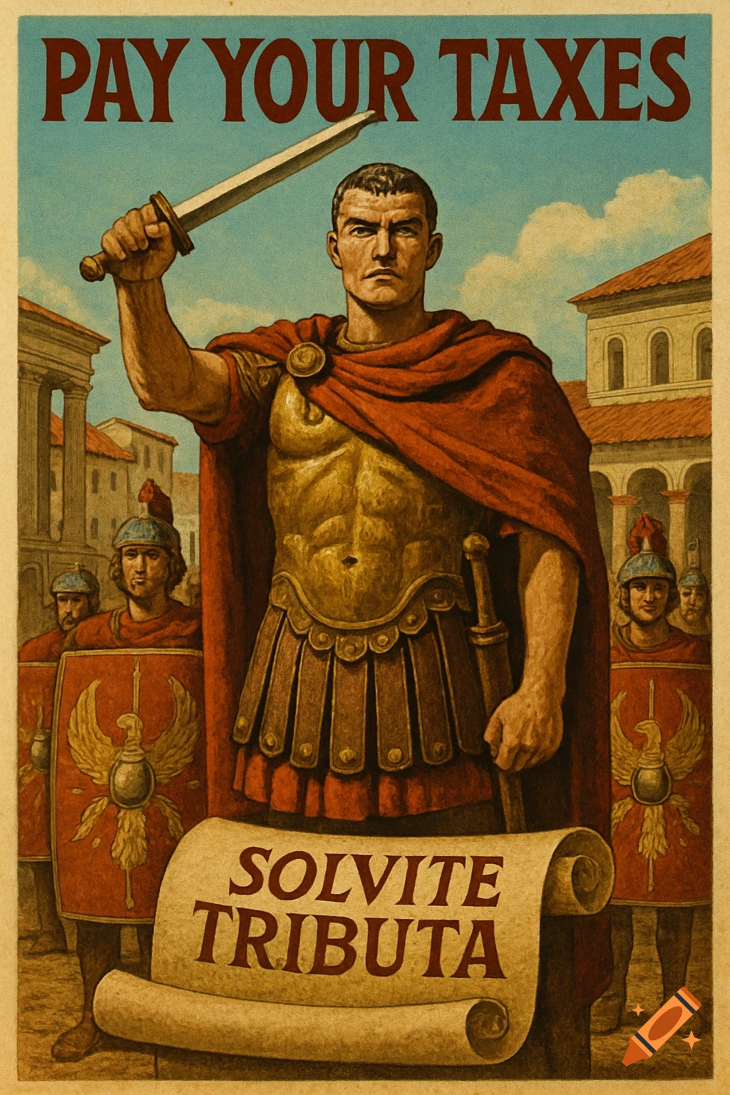 Vintage propaganda poster of a stern Roman soldier in armor with a sword, stating 'PAY YOUR TAXES' and 'SOLVITE TRIBUTA'.