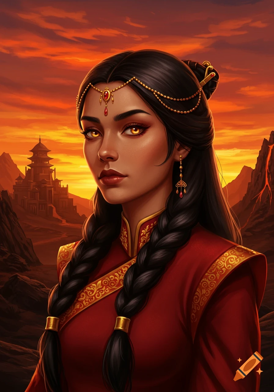 Digital painting of a Fire Nation princess with golden eyes, long black braided hair, and a red dress, against a fiery volcanic sunset background.