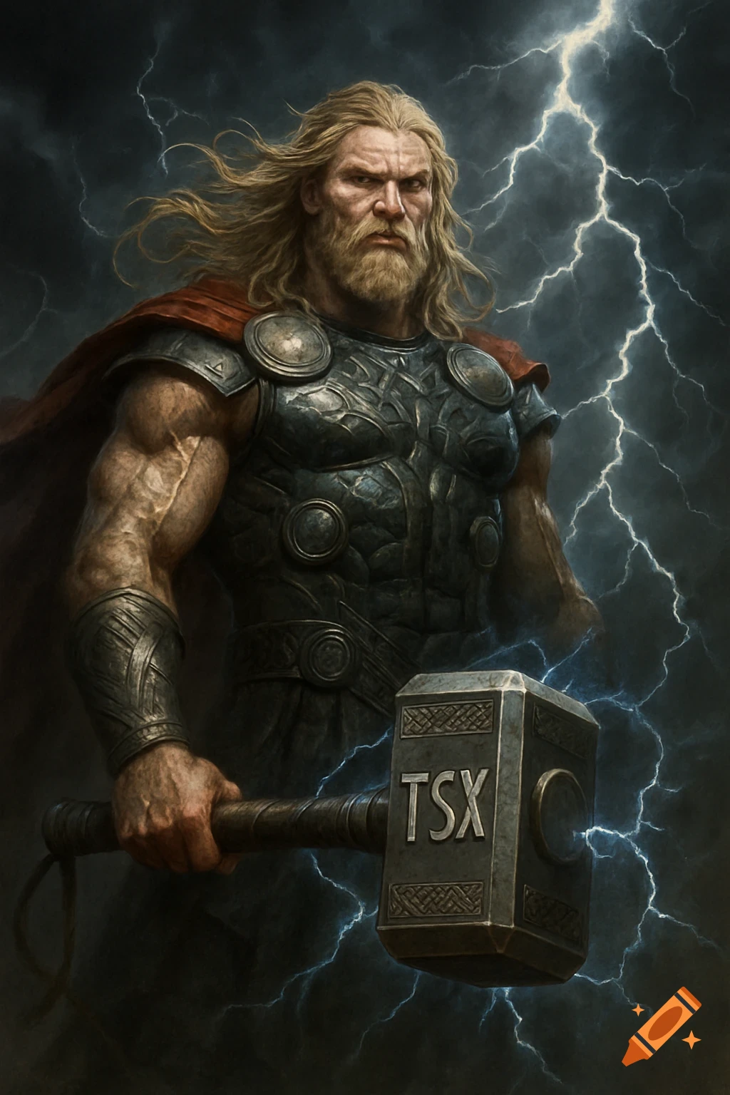 A powerful, bearded Thor in armor holds a hammer with 'TSX' etched on it, against a dramatic stormy sky with lightning.
