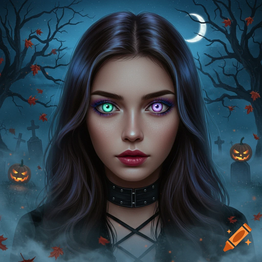 A woman with glowing green and purple eyes, dark hair, and a black choker stands in a misty Halloween graveyard with jack-o'-lanterns, bare trees, and a crescent moon.