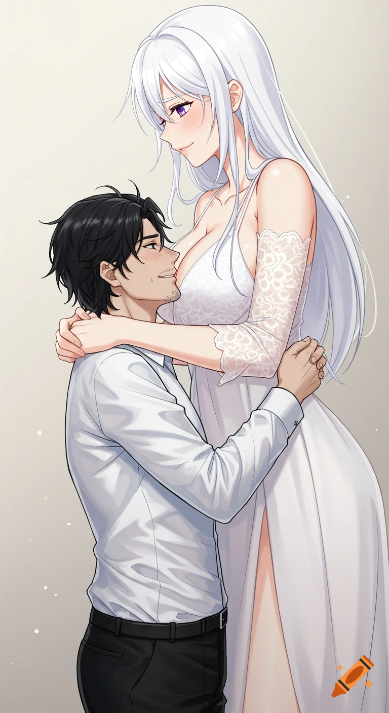 An anime couple embracing. A tall woman with long white hair in a white dress looks down at a shorter man with black hair in a white shirt, who looks up at her.