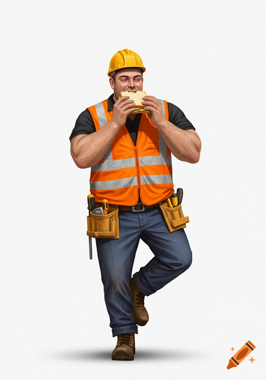 An illustrated construction worker in a hard hat and safety vest stands, happily eating a sandwich on a white background.