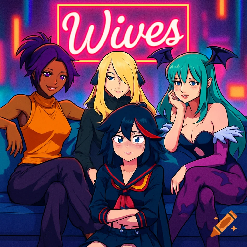 Four anime-style women from various franchises on a blue couch under a neon 'Wives' sign, looking at a blushing Ryuko Matoi.