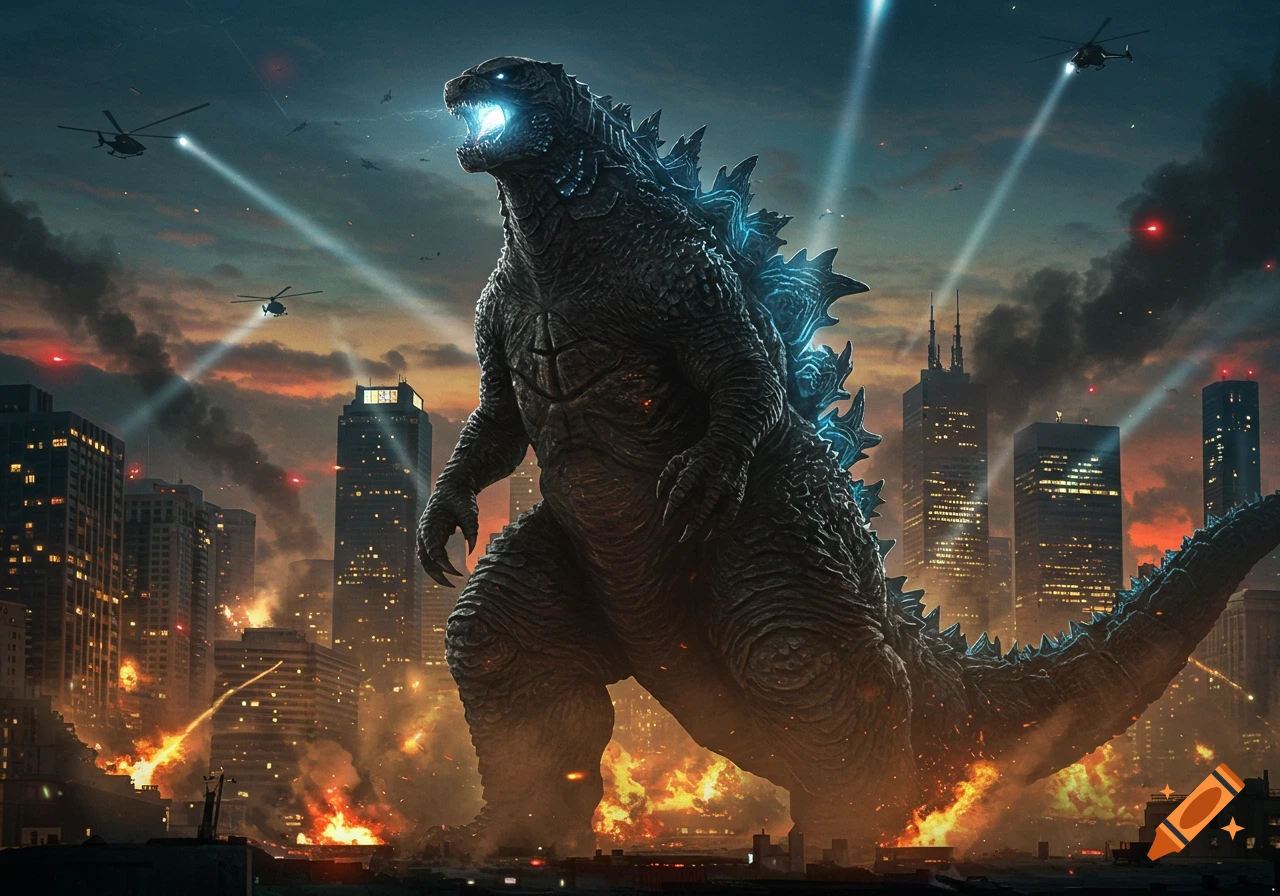 A gigantic Godzilla with glowing blue spines roars amidst a burning city skyline as helicopters shine spotlights on it at dusk.