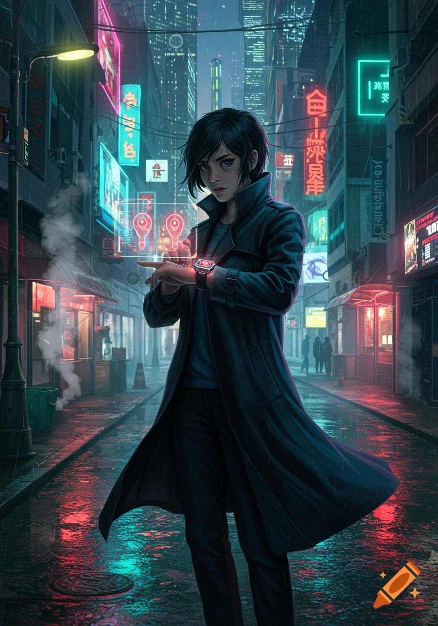 A woman in a trench coat adjusts a futuristic smartwatch with a holographic interface on a rainy, neon-lit cyberpunk city street, digital art.