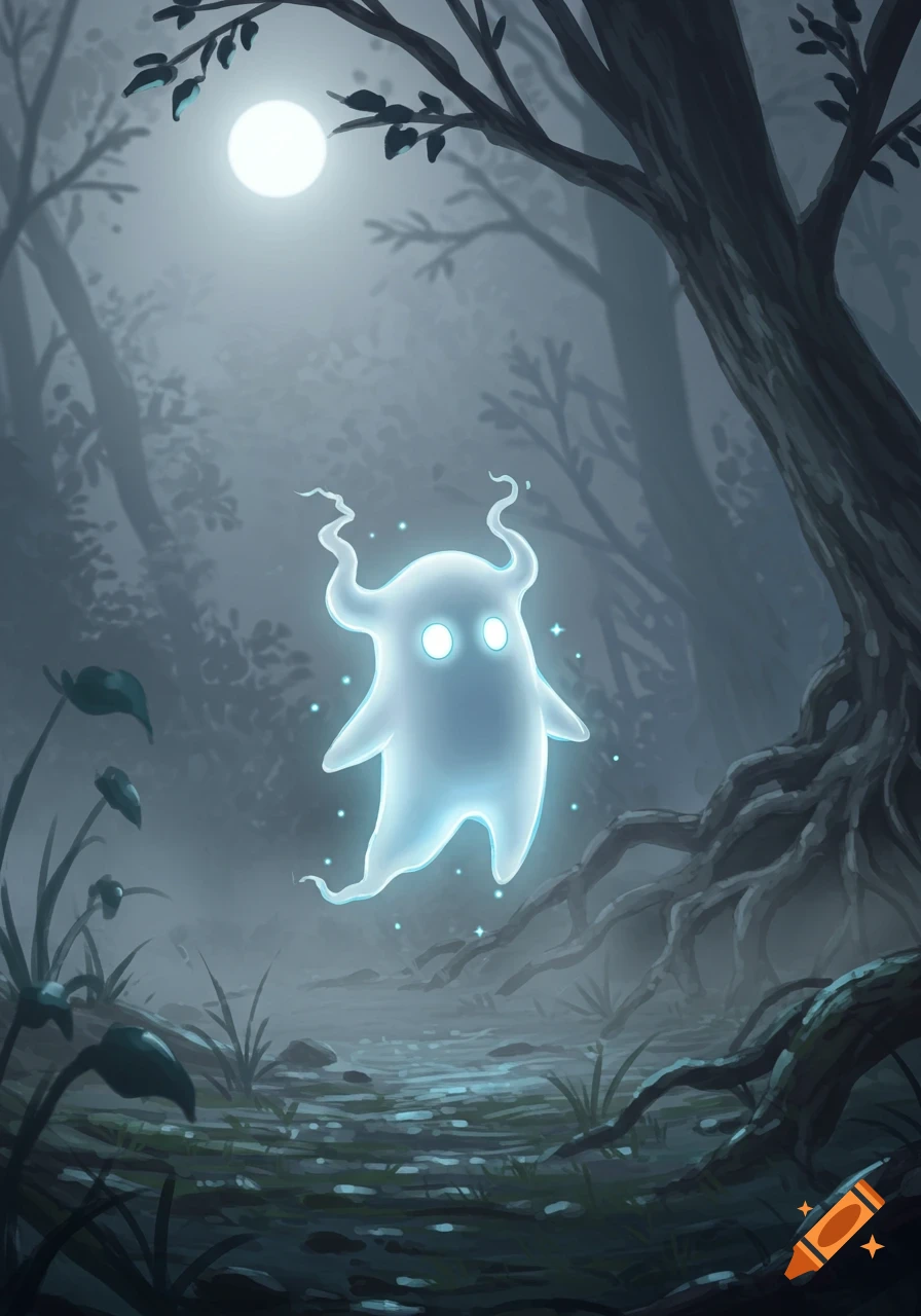 A glowing, cartoonish white ghost with small horns floats in a misty, dark forest under a full moon.