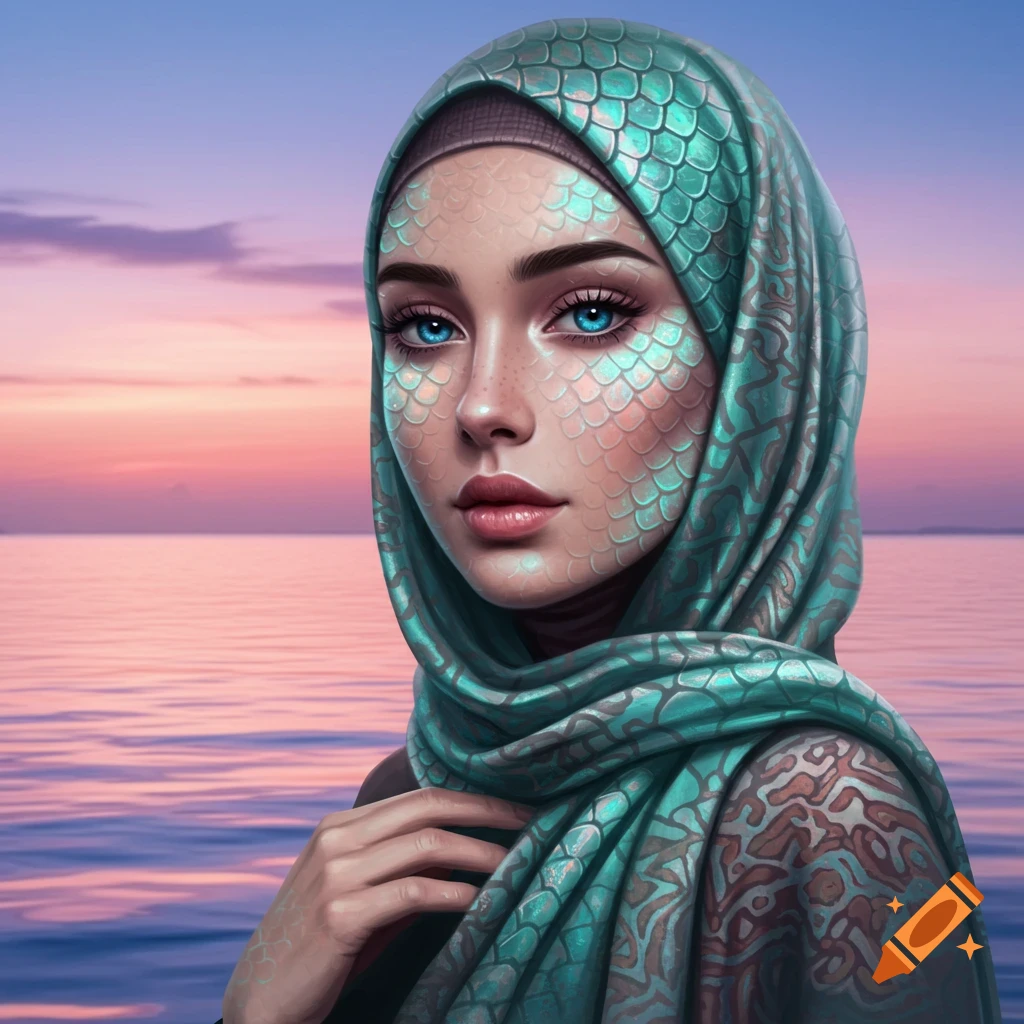 Digital art portrait of a woman with fish scales and a teal hijab, blue eyes, against a sunset ocean.