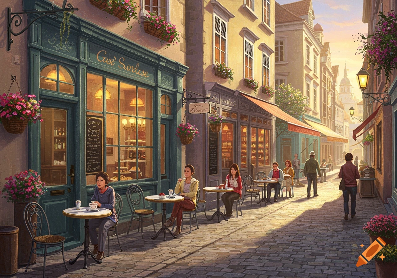 A charming, sunlit street scene with cafes, flowering baskets, and people sitting at outdoor tables, in a painterly style.