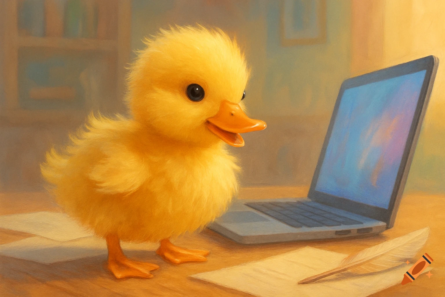 A fluffy yellow duckling stands on a desk next to a laptop and a feather quill in a digital painting style.