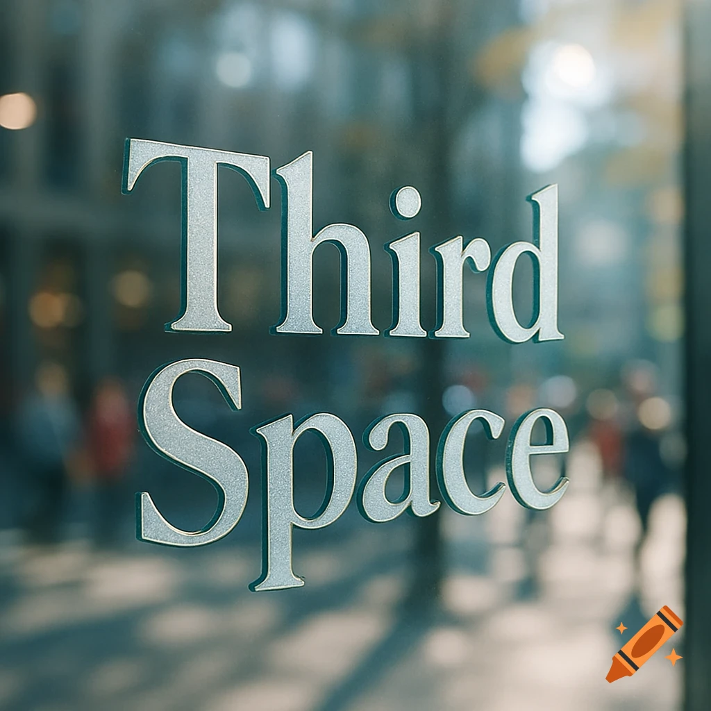Metallic letters spelling 'Third Space' on a glass window, with a blurred urban background.