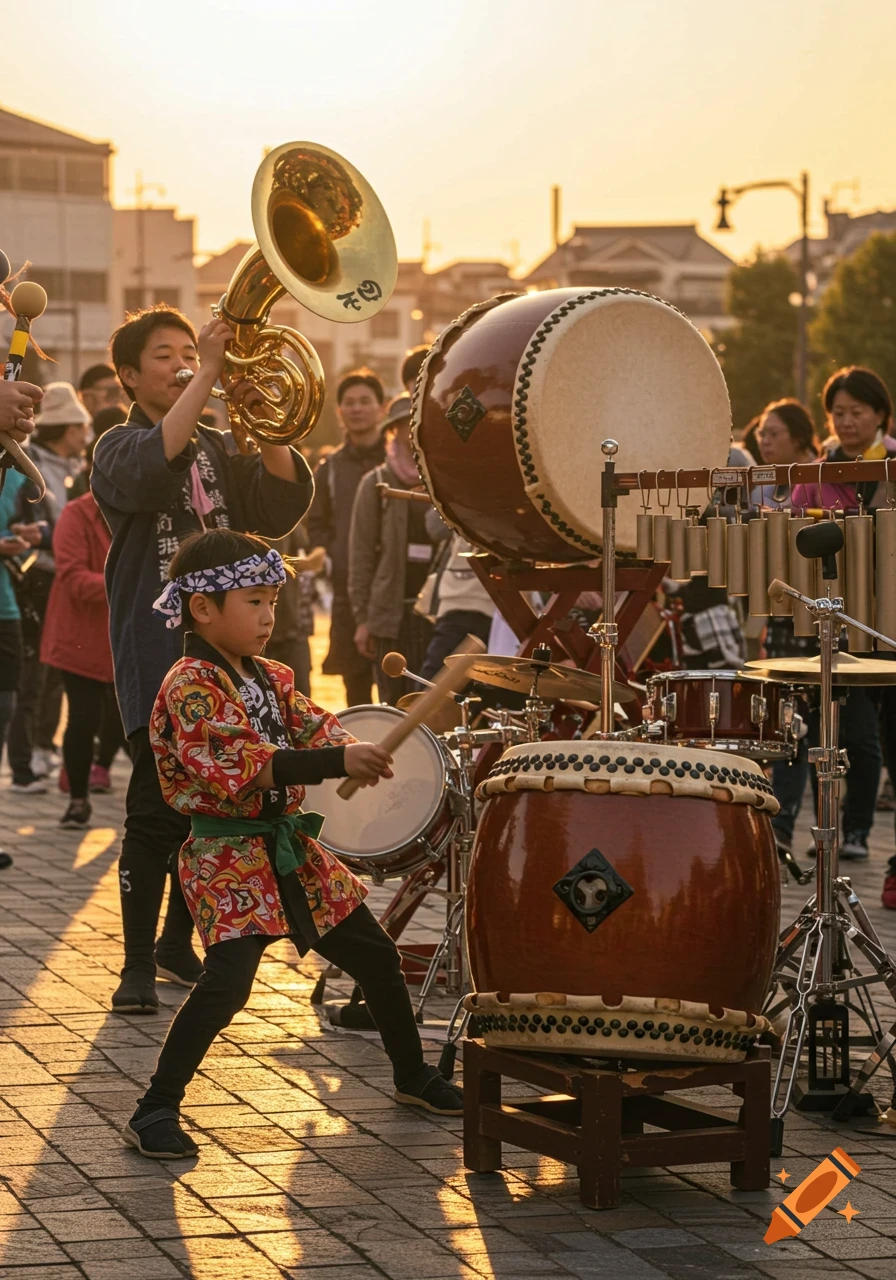 A child in traditional Japanese attire plays a drum, next to an adult playing a tuba, at an outdoor festival during sunset.