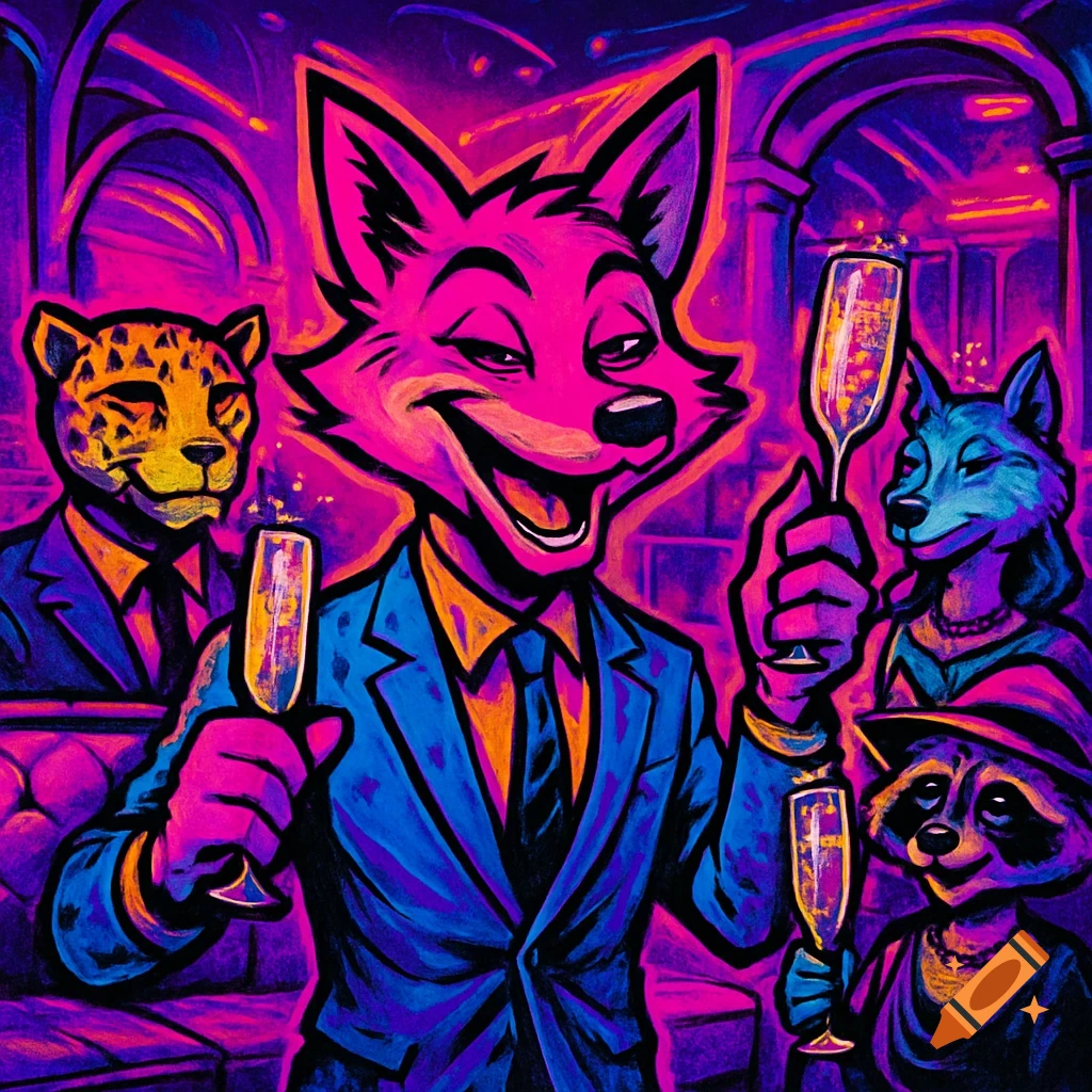 Vibrant neon art of anthropomorphic animals, a pink fox, cheetah, wolf, and raccoon, toasting champagne in a lively nightclub.