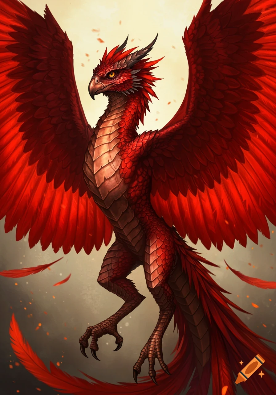 A majestic, detailed red dragon hawk with large spread wings, bronze scales, and amber eyes, standing against a glowing background.
