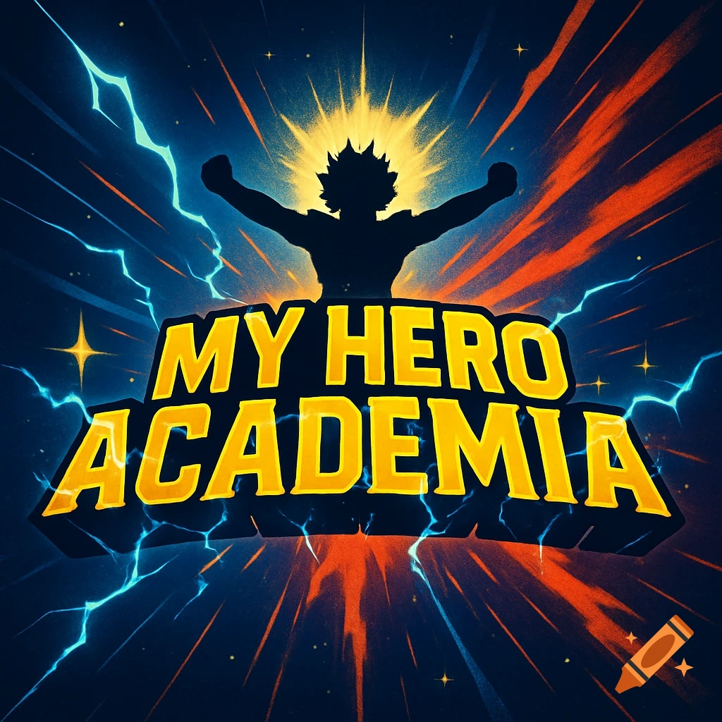Stylized fanmade logo for My Hero Academia with a hero silhouette over bold yellow text, surrounded by dynamic blue lightning and orange energy rays.
