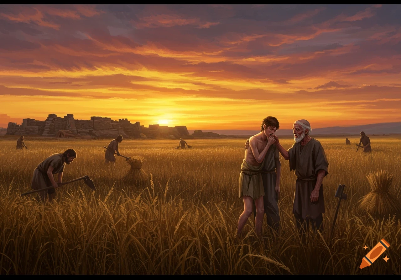 Digital painting of men harvesting wheat in fields at sunset, with an old man comforting a young man, and an ancient fortress in the distance.