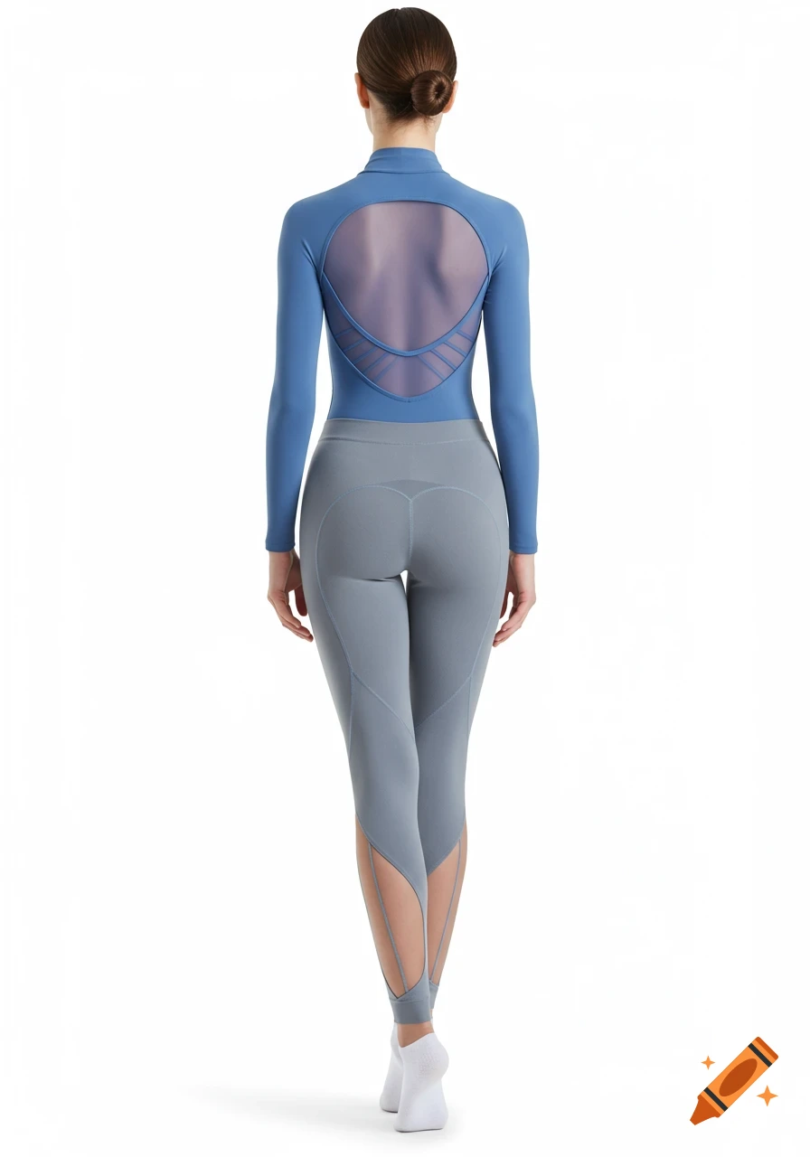 Rear view of a woman in a blue long-sleeve mesh-back top and grey leggings with heart stitching, standing on a white background.