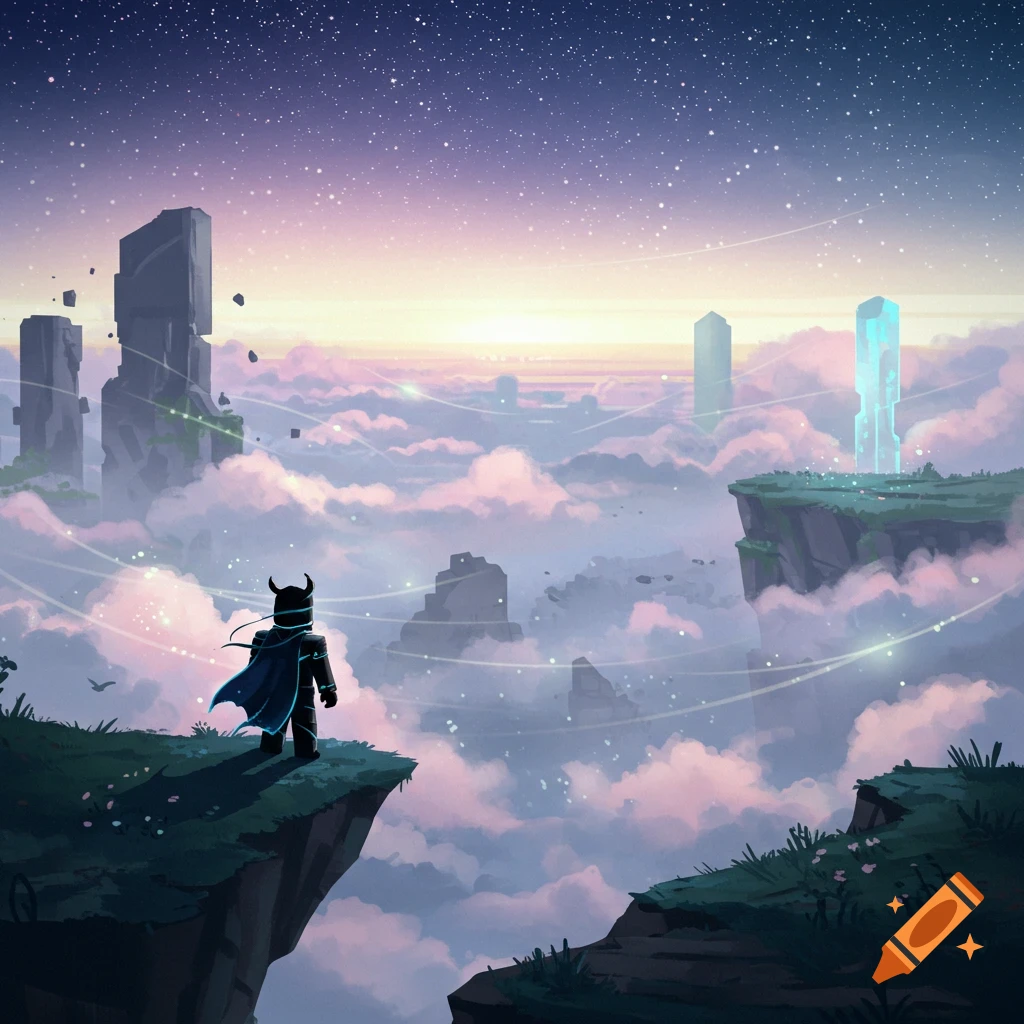 A horned figure in a cape stands on a floating island, looking out at a vast, cloudy landscape with futuristic structures under a starry sky.