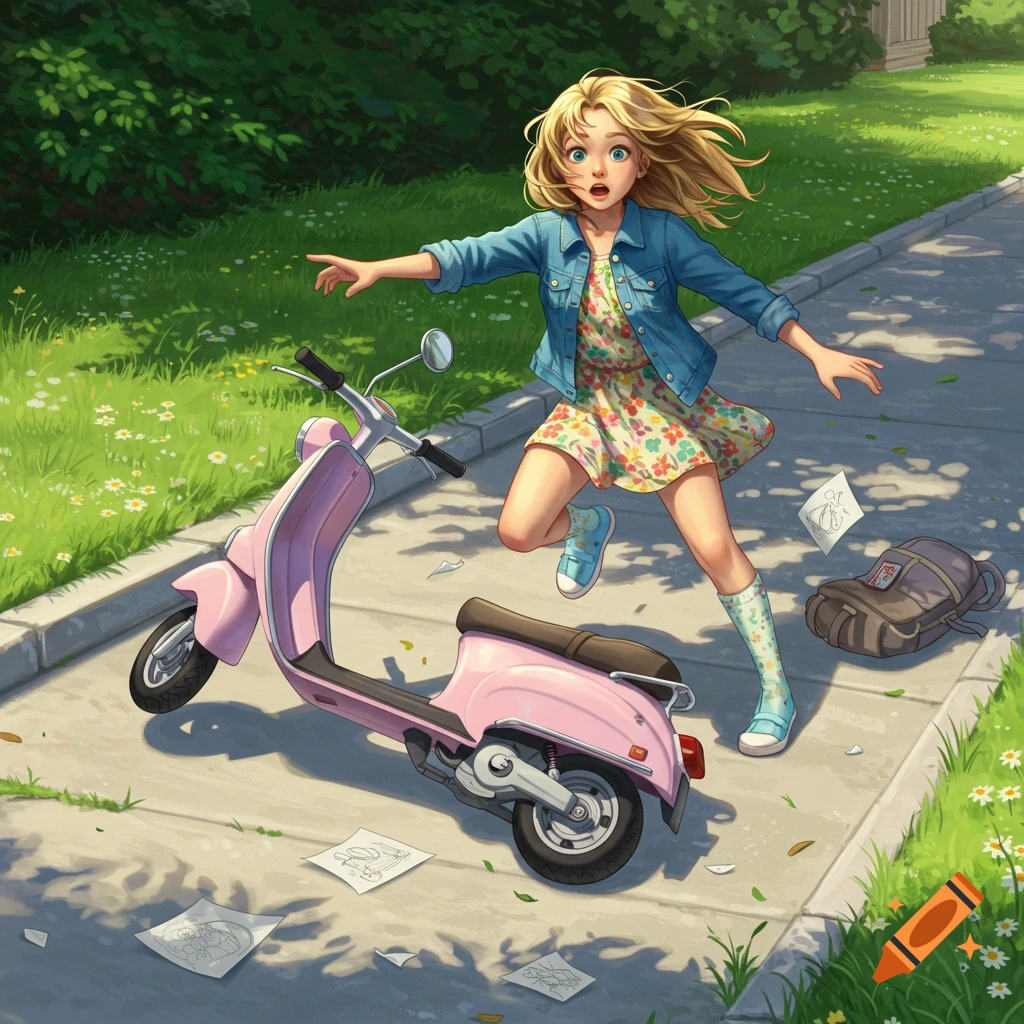 Illustrated scene of a blonde girl in a denim jacket falling off a pink scooter on a sunny sidewalk.