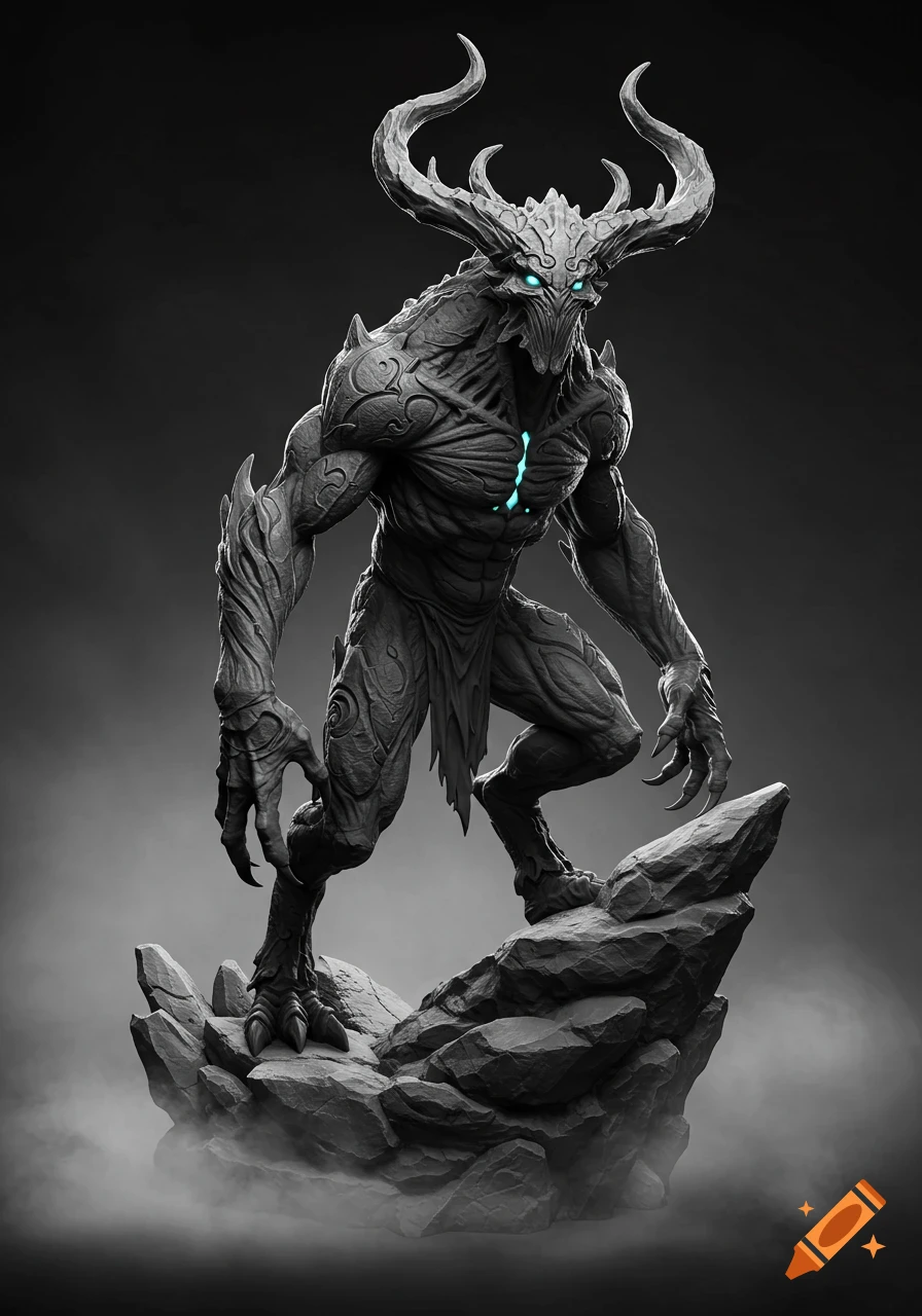 A detailed black and white digital sculpture of a horned monster with glowing blue eyes, standing on a rocky base with mist.