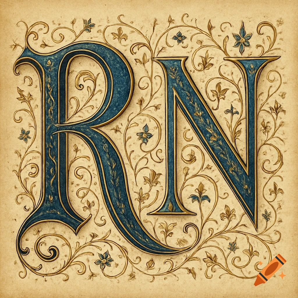 Stylized medieval illuminated letters 'RN' in blue and gold, surrounded by golden floral scrollwork on an aged parchment background.
