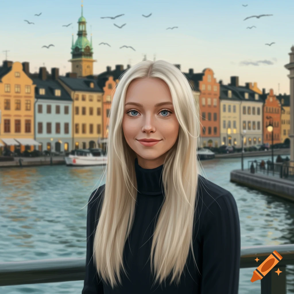 Smiling young woman with blonde hair and blue eyes in a black turtleneck, illustrated in front of a colorful Stockholm cityscape.