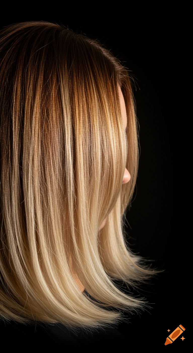 Close-up of ombre hair, transitioning from dark roots to light blonde tips, against a black background.