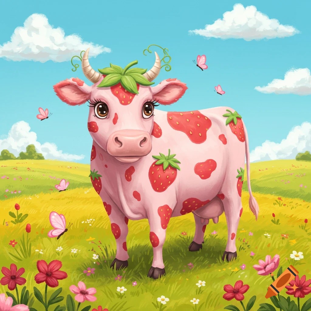 A cartoon pink cow with strawberry spots and green leaf details on its head stands in a vibrant green field with colorful flowers and butterflies under a blue sky.