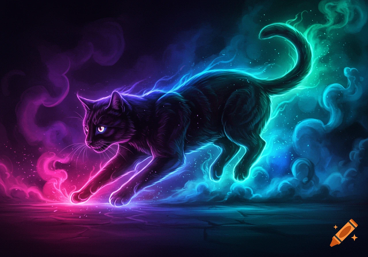 A black cat with glowing neon pink and blue edges pounces through smoky haze, its eyes bright yellow in the dark.