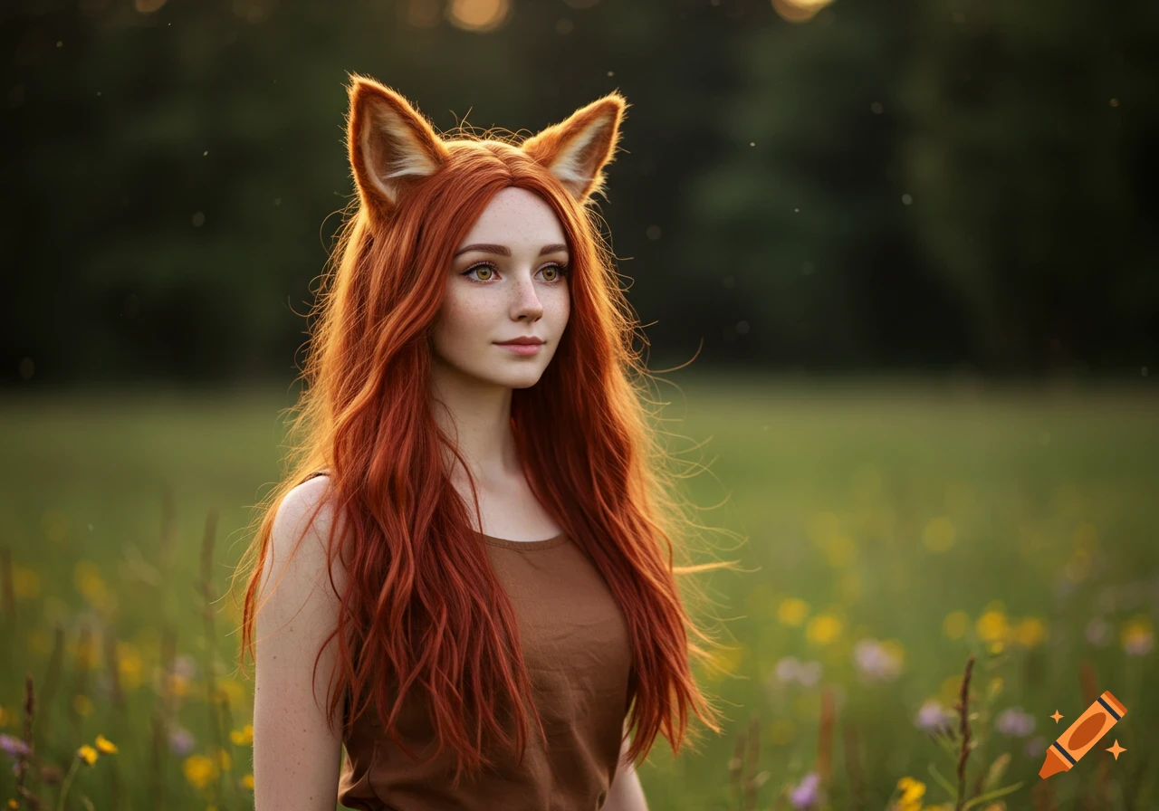 A young woman with long red hair and fox ears, wearing a brown top, stands in a sunlit field of green grass and wildflowers.
