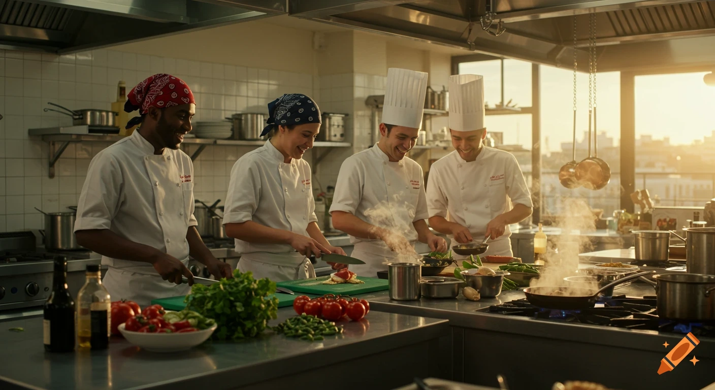 Four diverse chefs smiling and cooking in a bustling commercial kitchen at golden hour, steam rising from pans.