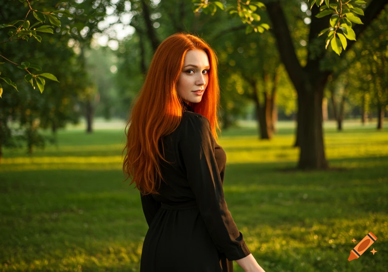 Candid photorealistic portrait of a young woman with long red hair looking over her shoulder in a sunny park.